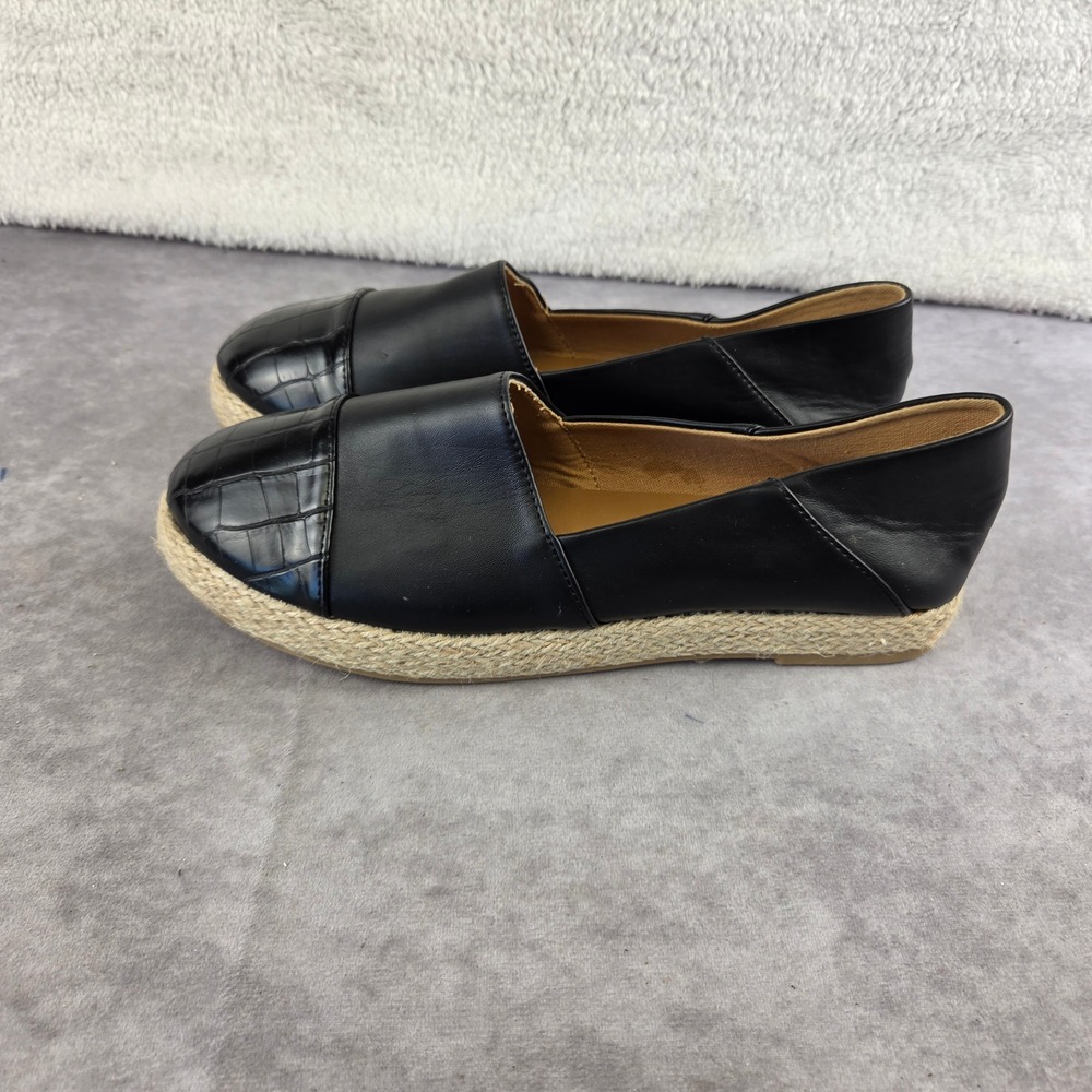Qupid Womens Black Croc Embossed Cap Toe Slip On Espadrille Flats S2182